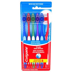 Colgate Extra Clean Toothbrush, Medium Bulk Toothbrush Pack, Adult Medium Bristle Toothbrushes with Ergonomic Handle and Circular Cleaning Bristles, Helps Remove Surface Stains, 6 Pack