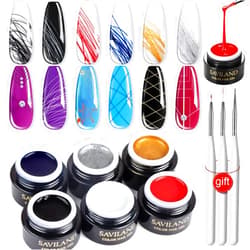 SAVILAND 6 Colors Spider Gel, New Upgraded Matrices Spider Gel with Nail Art Brushes, Nail Designs Gel Paint Wire Drawing Gel Polish for Line (White Black Red Blue Gold Silver)