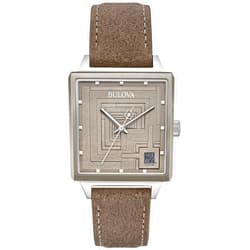 Bulova Men's Frank Lloyd Wright Limited Edition 'Ennis House' Silver Stainless Steel Watch, Grey Leather Strap Watch, Textured Medallion Grey Pattern Dial, 3 Hand (Model: 96A314)