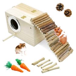 Hamiledyi Small Animal House Habitat Wooden Hamster House Hideout with Chew Toys Hideaway House Hamster Cage Accessories for Syrian Dwarf Hamster Mice Gerbils