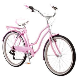 Schwinn Perla Adult Beach Cruiser Bike, Men and Women, 18-Inch Step-Through Steel Frame, 26-Inch Wheels, 7-Speed Twist Shifters, Rear Rack, Front and Rear Fenders