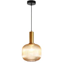Debbte Industrial Vintage Glass Pendant Lighting Brass Finish Modern Retro Drop Ceiling Light Hanging Lamp for Bedroom Dining Room Kitchen Island (Amber, 7.9 Inches)