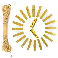 GOMTYEA Mini Gold Clothespins - 50pcs Small Natural Wood Clothes Pin with Jute Twine for Photos Display,Gift Wrapping, Hanging Pictures Paper, Clothes Pins,Small Clips for Home School Arts Crafts