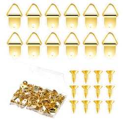 Mozeat Lens 100 Sets Small Triangle Ring Steel Picture Hangers with Screws Picture Frame Triangle Hook with Transparent Box Gold Picture Frames Picture Hang Single Hole Lifting Ring for Hanging Clock Photos