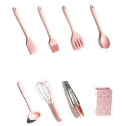 ZHUZE 8-Piece Set Silicone Cooking Utensil Set, Food Grade Material unibody Silicone Kitchen Gadgets Utensil Set with Holder, Non-Stick Heat Resistant Kitchen Set (Pink)