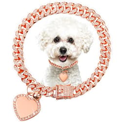Hillban Dog Chain Rose Gold-Plated Diamond Collar with Heart Rhinestones Jewelry Accessories Pet ID Tag Chain Heart Bling Collar with Personalized Name Tag for Small Medium Large Dogs Cats(12 Inch)