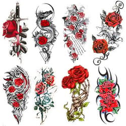 Oottati 8 Sheets Waterproof Arm Temporary Tattoo Stickers Red Rose Flower Black Skull Dragon Sword Totem