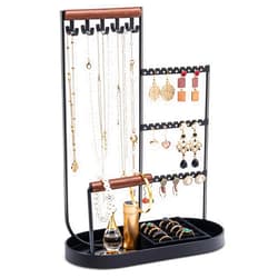 ProCase Jewelry Organizer Tower, 10 Hooks Jewelry Storage Rack Tree Holder Stand with Velvet Ring Display Tray for Necklaces Bracelets Earrings Rings Watches -Black