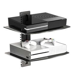 suptek Glass Floating Shelves, TV Wall Mount with Shelf for DVD Player / PS4 / Cable Boxes/Game Consoles/Sky Box/TV Accessories, Media Shelf, Flat Black Wall Mount Bracket, AV Shelf, 2 Tiers Shelves