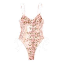 Lilosy Women Sexy Lace Up Floral Embroidered Teddy Lingerie Bodysuit Top Mesh Sheer One Piece