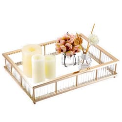 Hipiwe Gold Perfume Tray Glass Vanity Tray with Acrylic Column Decorative Makeup Tray Ornate Jewelry Organizer Trinket Tray Dresser Countertop Tray Home Decor Gift for Women Girls, Large