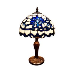 Warehouse of Tiffany TF473-12TL Gracie 12-inch Blue/White Flower Design Stained Glass/Bronze Tiffany-Style Table Lamp