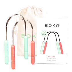 Boka Tongue Scraper for Adults & Kids with Case - Stainless Steel Tongue Cleaner w/Linen Travel Pouch - Scrubber to Remove Tongue Buildup and Freshen Breath (Pack of 2), Green and Pink