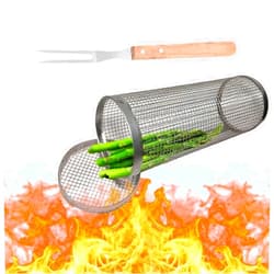 Vibebli BBQ Net Tube Stainless Steel Barbecue Cooking Grill Grate with Adjust Fork - Outdoor Cylinder Campfire Grill Grid Vegetables Grill Basket Grilling Accessories, Camping Picnic Cookware