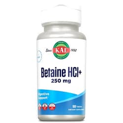 KAL Betaine HCL with Pepsin, Digestive Health Supplement with 250mg Betaine Hydrochloride Plus 130mg Pepsin, Gluten Free, Non-GMO, 60-Day Guarantee, Rapid Disintegration Tablets, 100 Servings, 100ct