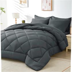HEVUMYI 7 Pieces Queen Comforter Set, All Season Reversible Bed in a Bag Queen, Ultra Soft Queen Bedding Set with Grey Comforter, Flat Sheet, Fitted Sheet, Pillowcases, Pillow Shams, Dark Grey
