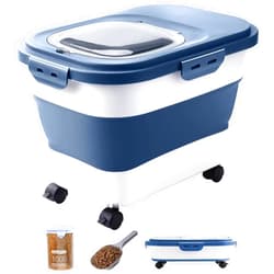 DDMOMMY 20-23 Lbs Dog Food Storage Container - Collapsible Dog Food Container with Wheels Airtight Lids, Scoop and Small Container, Pet Food Storage Dry Food For Dog, Cats and Other Pet (Blue)