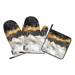Samgula Black Grey Marble Oven Mitts and Pot Holders Sets Luxury Golden Texture Heat Resistant 3pcs for Cooking Baking BBQ