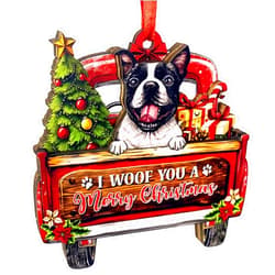 SUFAVN Boston Terrier Dog Christmas Ornament - Beautiful Holiday Decoration for Dog Lovers, Xmas 3-Layer Wood Dog Red Truck Ornament for Pet Owners - 2024 Christmas Home Decor