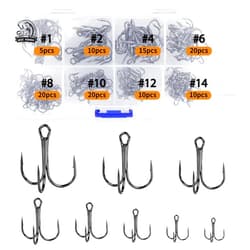 UCEC Fishing Hooks Treble Hooks Kit for Saltwater Freshwater, High Carbon Steel Hooks Strong Sharp Round Bend for Catfish Trout Hard Baits Lures Fishing, Size #1#2#4#6#8#10#12#14 110pcs/ 50pcs