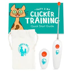 ALBERT & MIA Cat Training Kit (4 Pieces) - Quiet Clicker + Target Stick Clicker + Treats Pouch + Cat Clicker Trainer Start Guide (Beginner to Expert Pet Trainer) - Kitten & Dog Training Clicker Kit
