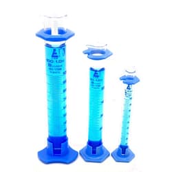 EISCO Graduated Cylinder Set, Class B - 10mL, 50mL & 100mL - Detachable, Plastic Hexagonal Bases & Protective Collars - Blue Graduations - Borosilicate Glass
