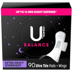 U by Kotex Balance Ultra Thin Overnight Pads with Wings, Extra Heavy Absorbency, 90 Count (3 Packs of 30) (Packaging May Vary)
