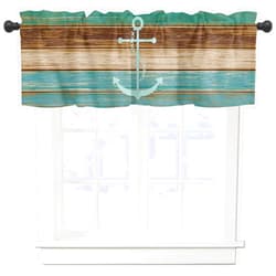 Yun Nist Wooden Valance Curtains for Kitchen,Blue Anchor Window Valances, Retro Brown Teal Wood Grain Window Treatment,Rod Pocket Valances for Bedroom Bathroom Laundry Room 54x18in