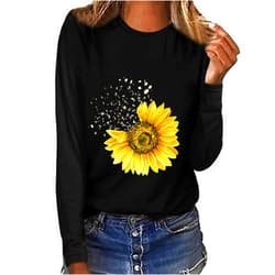BeyXokBey Long Sleeve Sweatshirts for Women Fall Fashion 2024 Crewneck Daisy Sunflower Graphic Print Blouse Loose Casual Tops