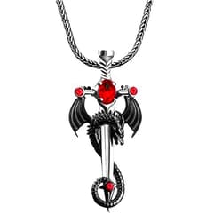 Mercan Silver Silver Ruby Stone Dragon Sword Necklace, Silver Sword Pendant, Oxidized Jewelry Dragon Pendant, 925k Sterling Silver