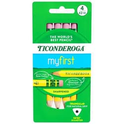 Ticonderoga My First Short Triangular Wood-Cased Pencils, #2 HB Soft, With Erasers, Yellow, 4 Count