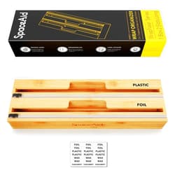 SpaceAid WrapNeat 2 in 1 Long Wrap Dispenser with Cutter and Labels, Plastic Wrap, Aluminum Foil and Wax Paper Dispenser for Kitchen Drawer, Bamboo Roll Organizer Holder, Compatible with 15