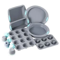 USJUTDOO 30 Piece Silicone Bakeware Set, Non-Stick Kitchen Oven Baking Pans, Silicone Cake Molds with Muffin Pan, Round Cake Pan, Donut Pan, Square Cake Pan, Loaf Pan, Pizza Pan and 24 pcs Baking Cups (Grey)