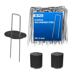 Mychoiii 6 Inch 50Pcs Garden Stakes Staples + 50Pcs Gasket,11 Gauge U Shaped Galvanized Landscape Pins Lawn Landscape Staples Ground Stakes for Securing Weed Barrier Fabric Artificial Turf and Tents