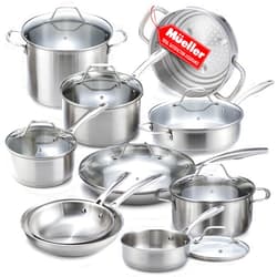 Mueller Pots and Pans Set 17-Piece, Ultra-Clad Pro Stainless Steel Cookware Set, Ergonomic EverCool Handle, Includes Saucepans, Skillets, Dutch Oven, Stockpot, Steamer More
