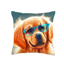 Funny and Cute Dog Lover Unique Digital Art Cute Adorable Golden Retriever Puppy Sunglasses Digital Art Throw Pillow, 16x16, Multicolor