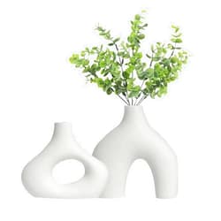 WMM Ceramic Vase Set 2 for Modern Home Decor, Matte Hollow Donut Vase Minimalist Nordic Boho Ins Style, Pampas Flower Vases for Wedding Dinner Table Party Office Bedroom - Decorative Gift (White)