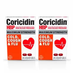Coricidin HBP Maximum Strength Cold, Cough & Flu Liquid Gels, 24 Count (2-Pack)