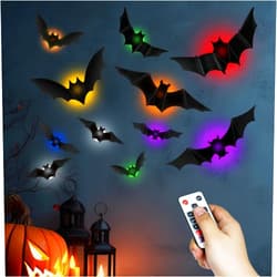 SoulBay 48pcs Halloween Decor Bats Wall Stickers - 12pcs Small LED Tea Lights with Remote Timer, 10 Sizes 3D Lighted Realistic Thickened PET Bat Sticker for Indoor Home Window Party Supplies