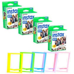 PHOTO4LESS FUJIFILM INSTAX Wide Instant Film + Plastic Photo Frames (Blue, Green, Pink, Yellow & Purple – Deluxe Bundle (80 Film)