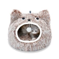 CATISM Cat Beds for Indoor Cats, Plush Self Warming Cat Bed Cave, Large Hooded Cat Cave with Fluffy Hanging Ball and Washable Cat Cushion, Cozy for Indoor Cat or Small Dog, Coffee