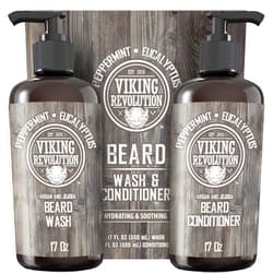 Viking Revolution Beard Wash & Conditioner Set w/Argan & Jojoba Oils – Softens, Smooths & Strengthens Beard Growth - Natural Peppermint and Eucalyptus Scent - Shampoo (17 oz)
