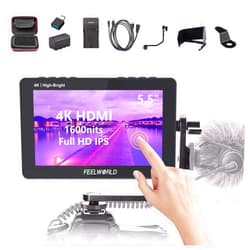 FEELWORLD F6 Pro +NP-F970 Battery, Charger, Storage Case kit, 5.5 Inch 4K HDMI Touch Screen On-Camera Monitor 1600nits High Bright FHD 1920x1080 Filed Monitor with F970 External Install and Power kit