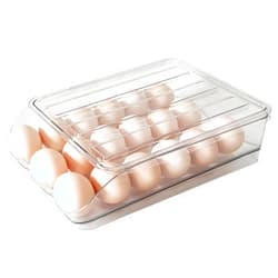VINIUSIKI Clear Stackable Egg Holder for Refrigerator Organizing, Large Capacity Auto Rolling Fridge Container Drawer for Egg with Lid,1 Tier,18 Eggs