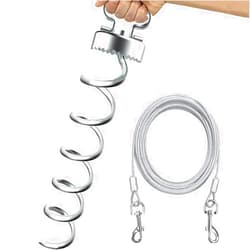 Eurmax USA Dog Tie Out Stake Bonus Dog Tie Out Cable Spiral Heavy Duty Anchor Kit for Dogs Saw Teeth Design Ground Anchor Stake for Trampolines, Canopy Tents,Car Ports (Silver)