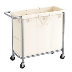 SONGMICS Laundry Basket with Wheels, 3-Section Rolling Laundry Hamper, 52.8 Gallons (200 L), Removable Liner, Steel Frame with Handle, 35.8 x 15.4 x 31.9 Inches, Cream White URLS005W01
