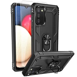Androgate for Samsung A02s Case, Galaxy A02s Case with HD Screen Protector, Military-Grade Ring Kickstand Holder Car Mount 15ft Drop Tested Shockproof Cover Phone Case for Galaxy A02s, Black