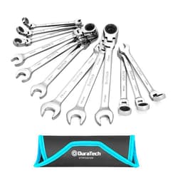 DURATECH Flex-Head Ratcheting Wrench Set, Combination Wrench Set, 72 Tooth, Metric, 12-piece, Size Covers 8-19mm, CR-V Steel, with Rolling Pouch