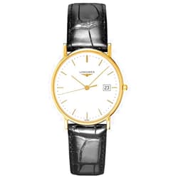 Longines Presence 18kt Gold Black Leather Strap White Dial Date Mens Watch L4.743.6.12.2