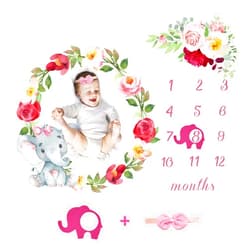 BONRI Baby Monthly Milestone Blanket Girl - Newborn Month Blanket Personalized Shower Gift Soft Fleece Photography Background Photo Prop Floral Elephant Blanket with Frame Headband Large 51''x40''